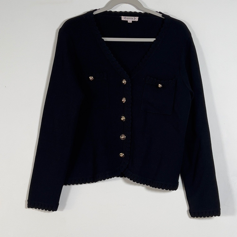 Nanette Lepore Cardigan Sweater Women Sz L Black Gold Button Scalloped Trim